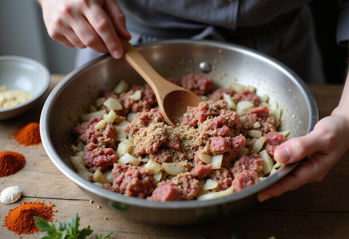Ground beef being prepared for delicious beef and dumplings, mixed with onions and spices in a rustic kitchen setting.