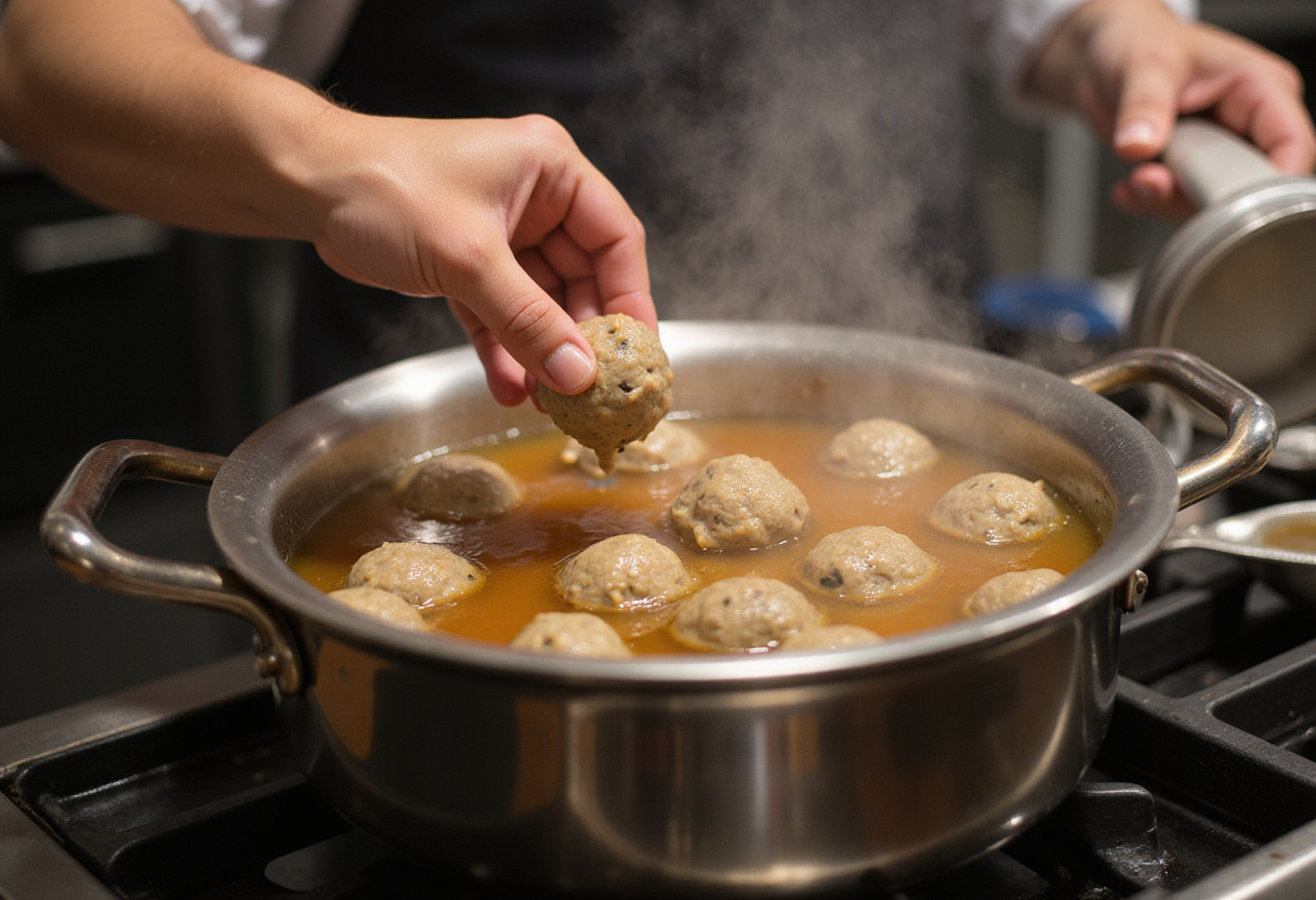 Simmering broth with seasoned ground beef meatballs being added for a hearty beef and dumplings dish in a cozy kitchen.