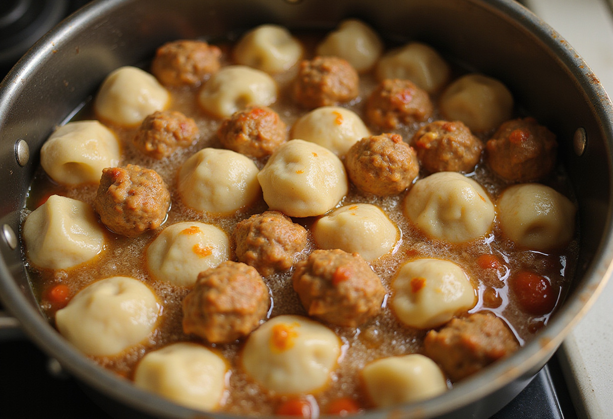 Ground beef and dumplings simmering together in a pot, showcasing the cooking process of this classic comfort food.