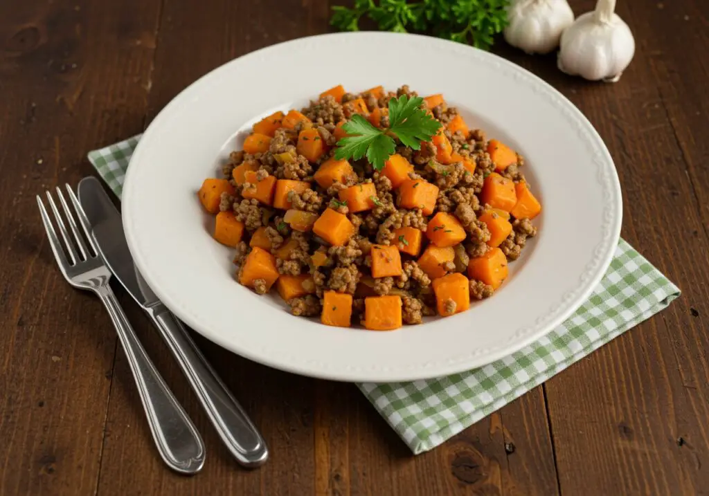 Ground Beef and Sweet Potatoes Skillet - a ready-to-serve meal showcasing savory ground beef, tender sweet potatoes, and fresh garnish.