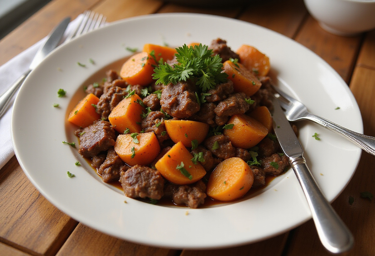 Ground Beef and Sweet Potatoes Skillet - a ready-to-serve meal showcasing savory ground beef, tender sweet potatoes, and fresh garnish.