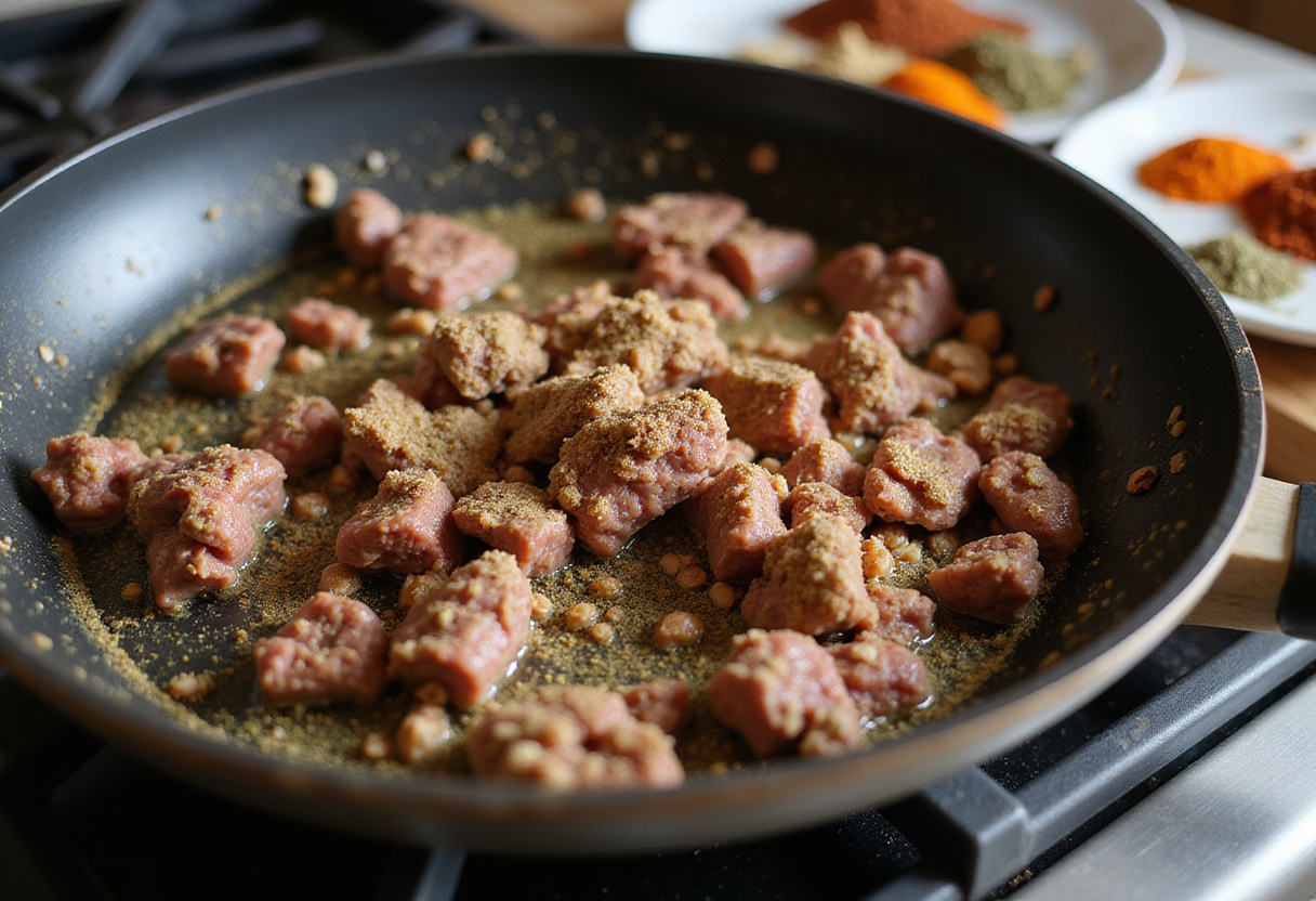 Ground Beef and Sweet Potatoes Skillet - searing ground beef with spices for a flavorful base.