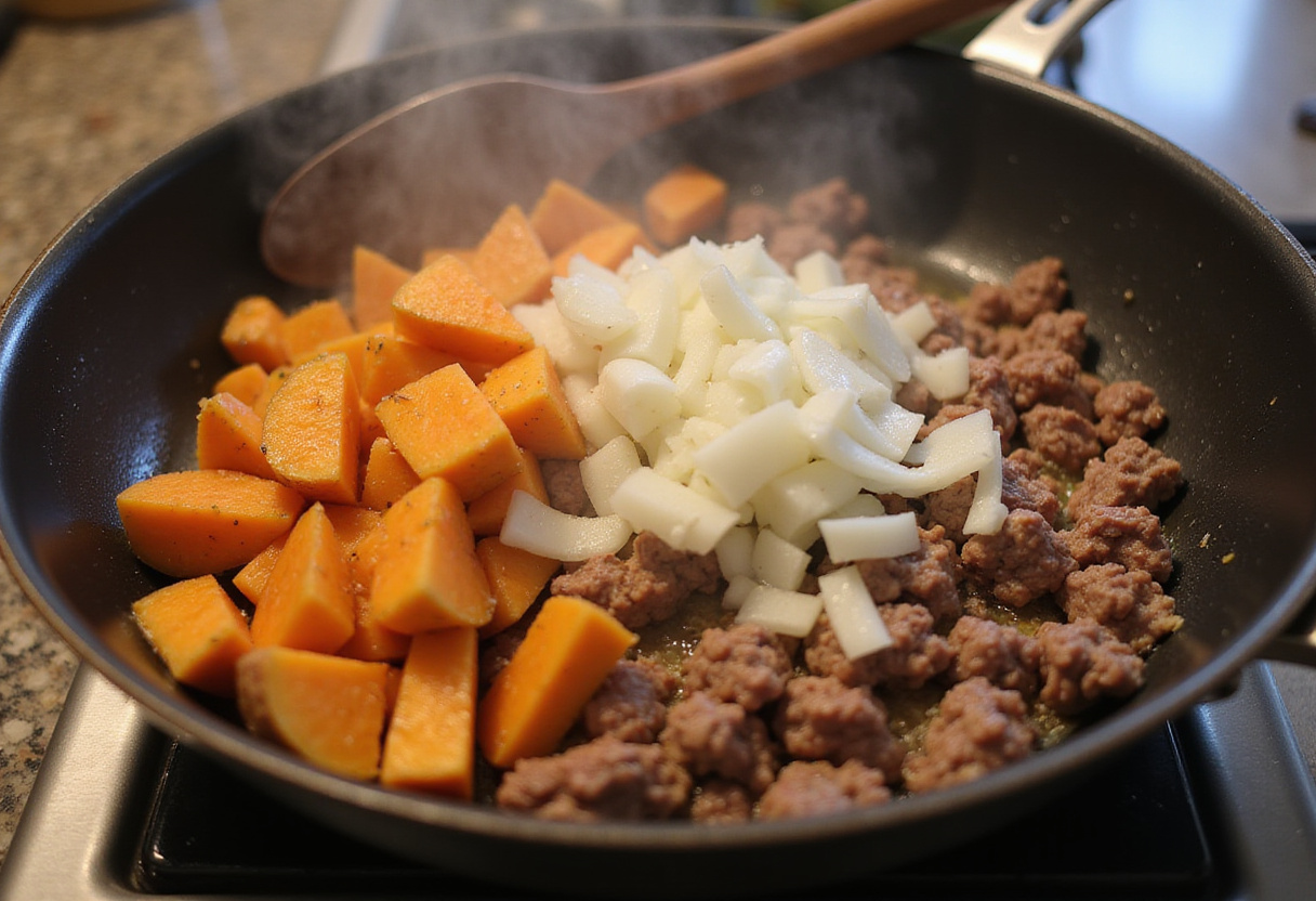 Ground Beef and Sweet Potatoes Skillet - mixing sweet potatoes and onions into the beef for a hearty meal.