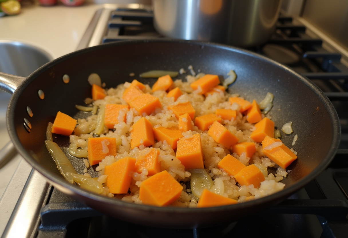 Ground Beef and Sweet Potatoes Skillet - the sweet potatoes and onions softening in the skillet for a delicious one-pan dish.