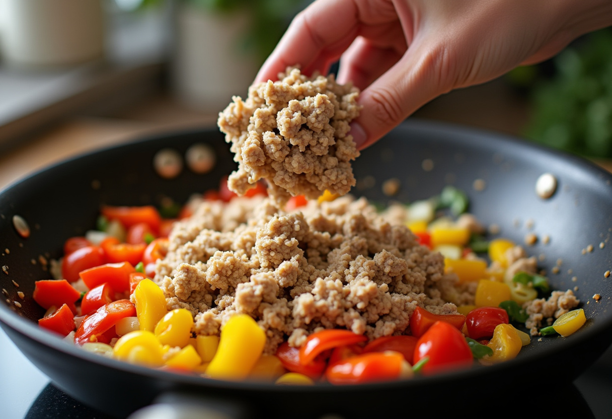Ground turkey and colorful bell peppers in a skillet for a quick and healthy meal.