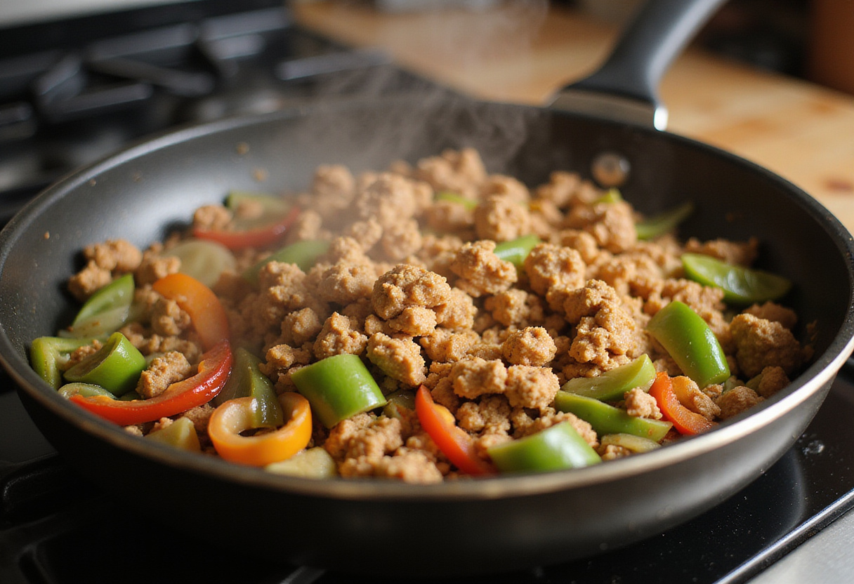 Sautéing ground turkey with bell peppers and onions for a delicious healthy dish.