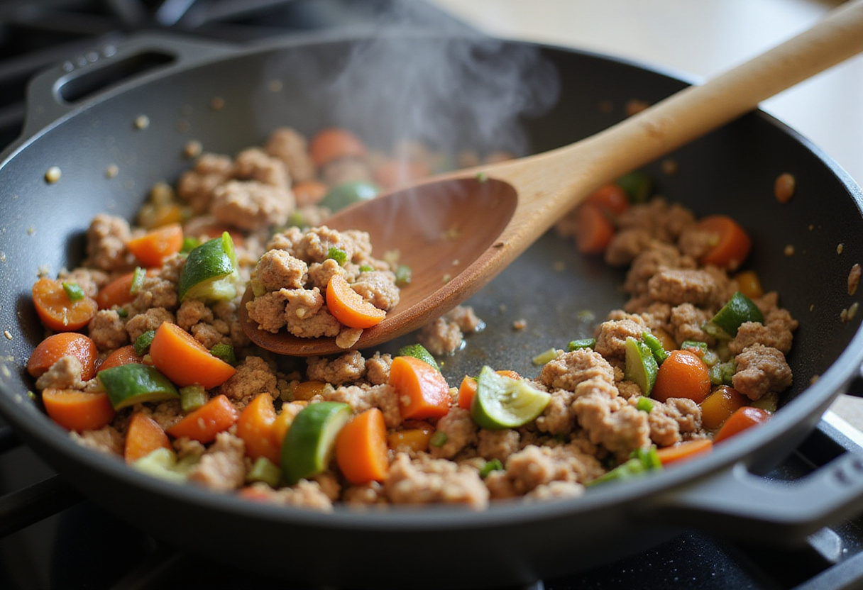 Stirring a mixture of ground turkey and peppers in a skillet, showcasing a quick and flavorful healthy meal preparation.
