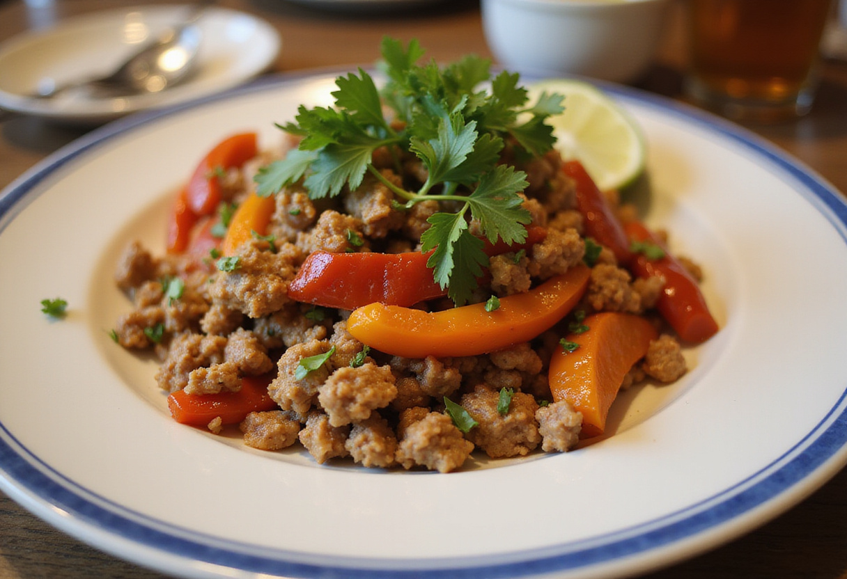 Plated ground turkey and peppers dish, garnished and ready to enjoy a healthy and flavorful meal.