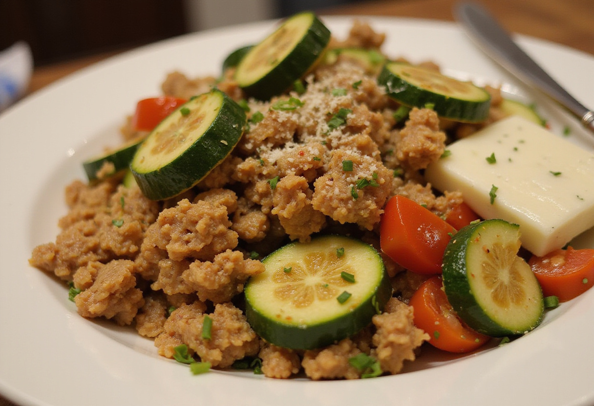 Deliciously plated Ground Turkey and Zucchini Skillet on a dining table, perfect for a hearty meal.