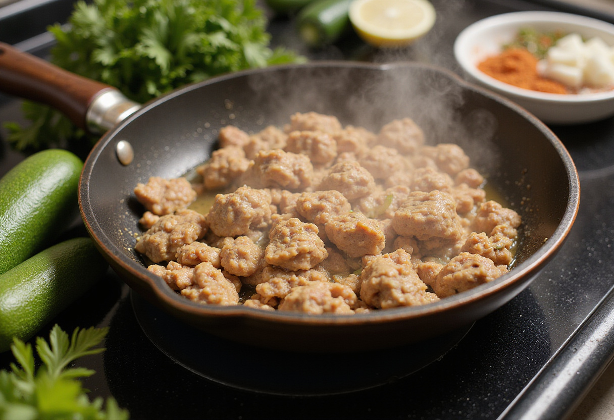 Ground turkey cooking in a skillet with fresh zucchini and ingredients for a delicious Ground Turkey and Zucchini Skillet recipe.