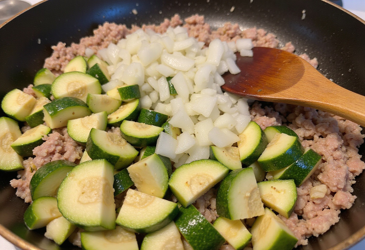 Chopped zucchini and diced onions being sautéed with ground turkey in a skillet, highlighting the vibrant ingredients for Ground Turkey and Zucchini Skillet.