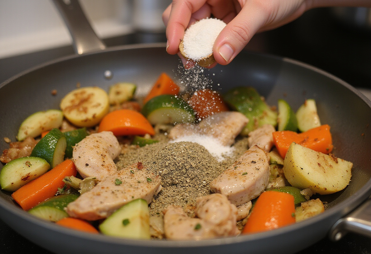 Seasonings being sprinkled over cooked ground turkey and vegetables in a skillet, capturing the essence of flavor for Ground Turkey and Zucchini Skillet.
