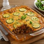 Deliciously baked ground beef zucchini casserole served, showcasing a perfect meal with a golden crust and fresh herbs.