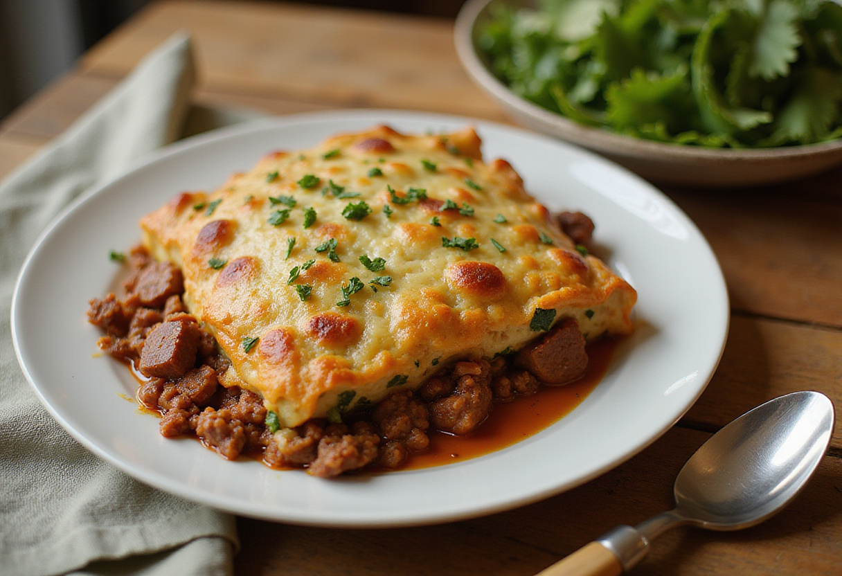 Deliciously baked ground beef zucchini casserole served, showcasing a perfect meal with a golden crust and fresh herbs.