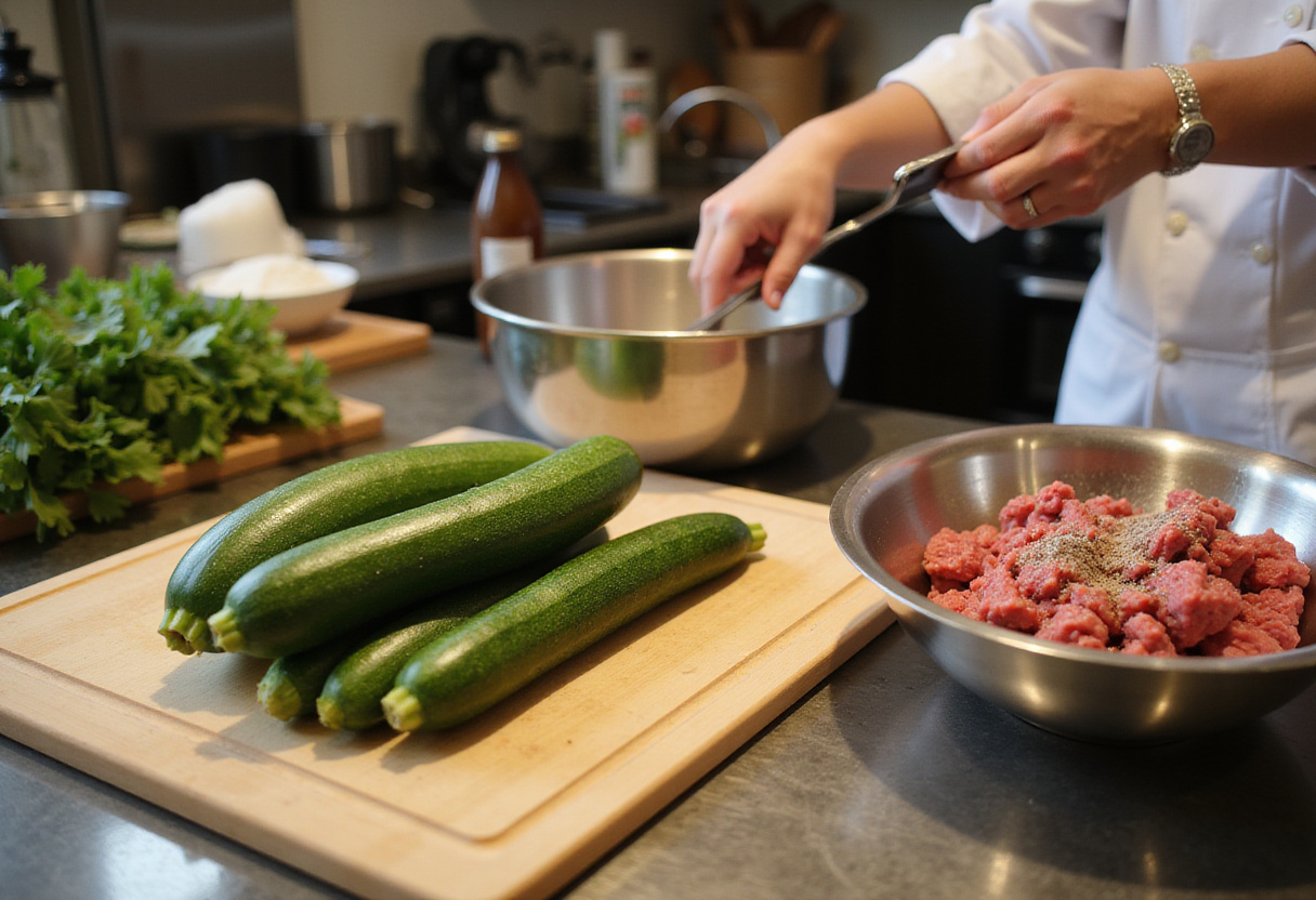 Fresh zucchinis and ground beef preparation for ground beef zucchini casserole, healthy ingredients ready for cooking.