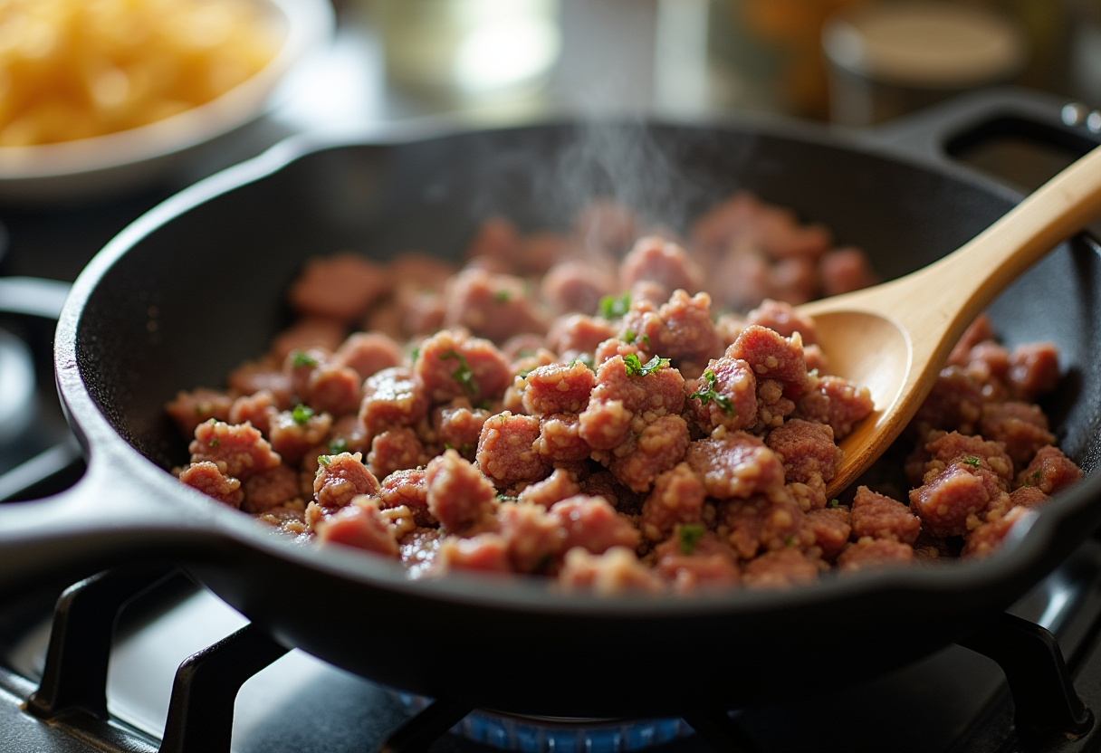 Cooking ground beef in a skillet for zucchini casserole, showcasing the browning process for a wholesome meal.