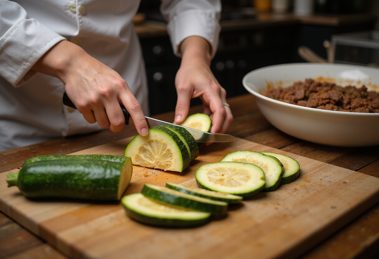 Slicing cooked zucchinis for the casserole, preparing to layer ingredients for a delicious ground beef zucchini casserole.