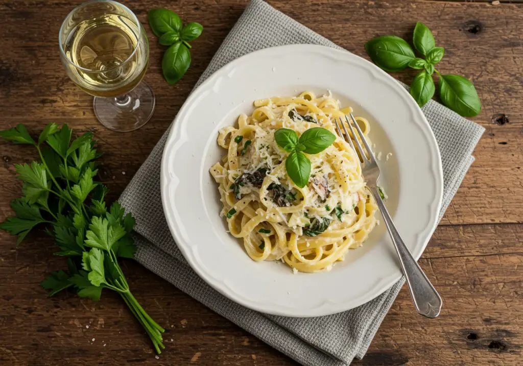 Gourmet presentation of Gruyere Pasta with Caramelized Leeks and Mushrooms, showcasing the decadent flavors and inviting atmosphere. Ideal for a cozy dinner setting.