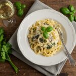 Gourmet presentation of Gruyere Pasta with Caramelized Leeks and Mushrooms, showcasing the decadent flavors and inviting atmosphere. Ideal for a cozy dinner setting.