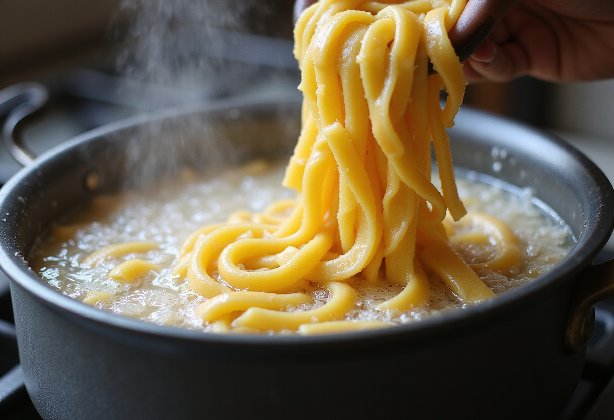 Fresh pasta cooking in boiling water for Gruyere Pasta with Caramelized Leeks and Mushrooms. Steam and vibrant colors enhance the cooking process.