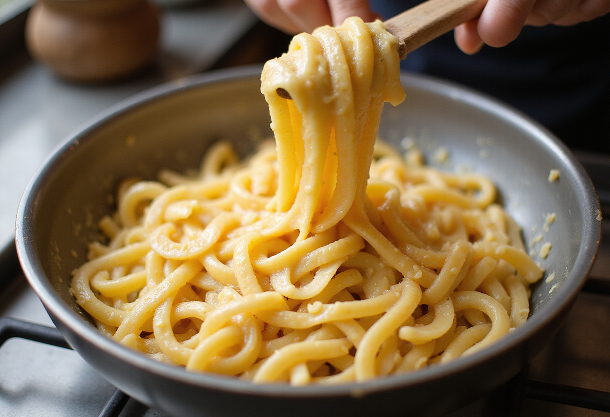 Creamy Gruyere cheese melting with pasta, resulting in a decadent and rich texture for Gruyere Pasta with Caramelized Leeks and Mushrooms. The richness of the ingredients stands out.