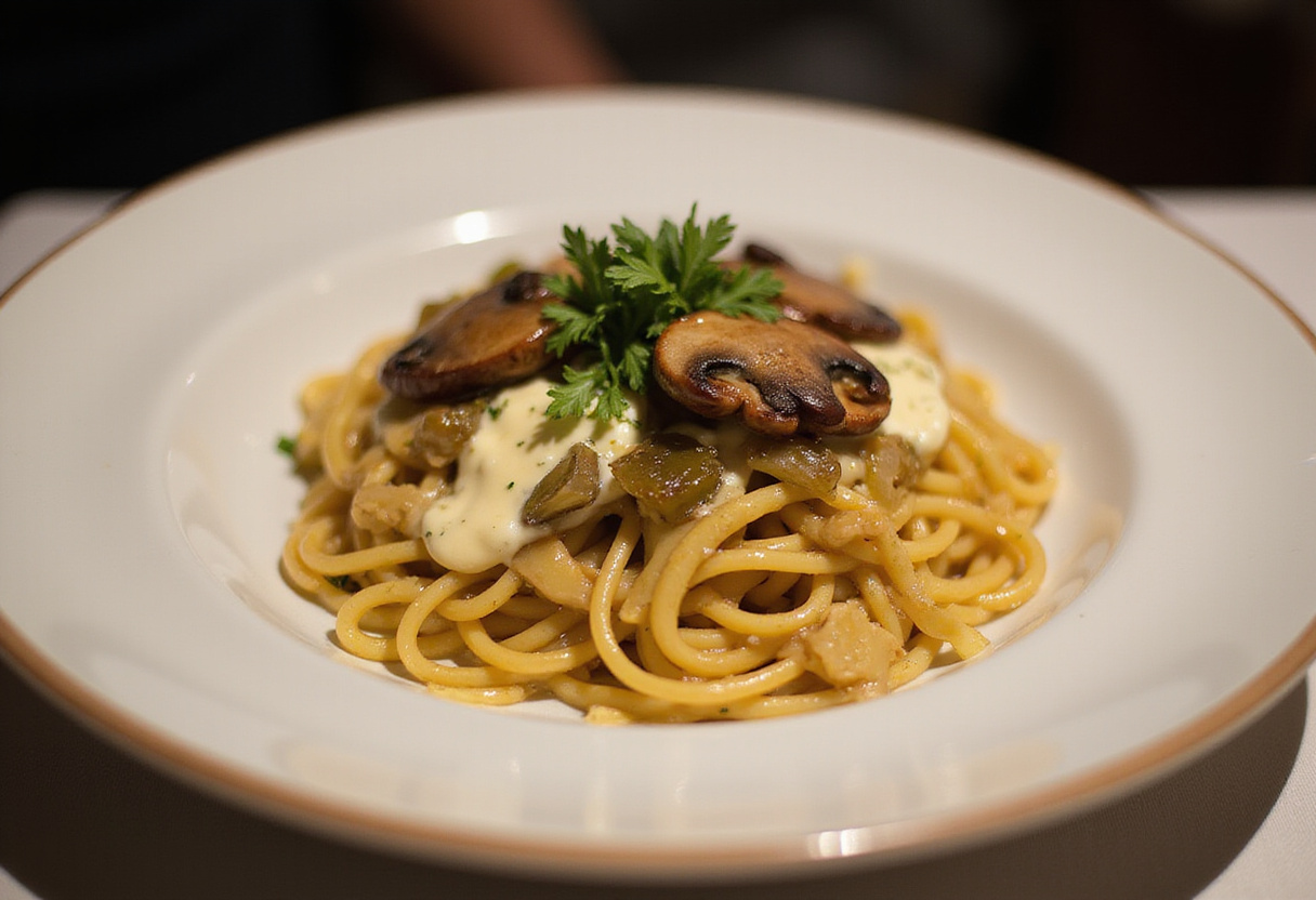 A beautifully plated Gruyere Pasta with Caramelized Leeks and Mushrooms, showcasing the decadent textures and vibrant garnishes. Perfectly presented for a gourmet experience.