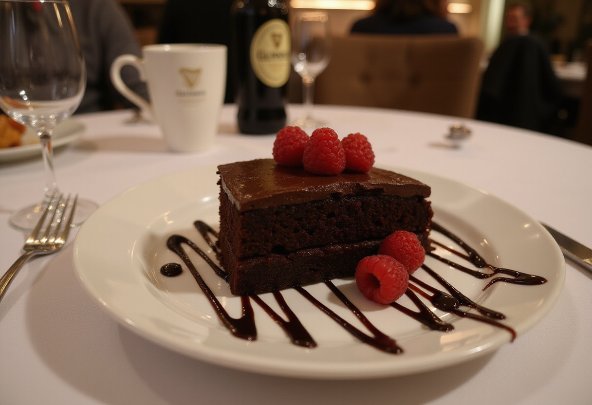 Serving a slice of rich and moist Guinness Chocolate Cake with fresh raspberries and chocolate sauce.