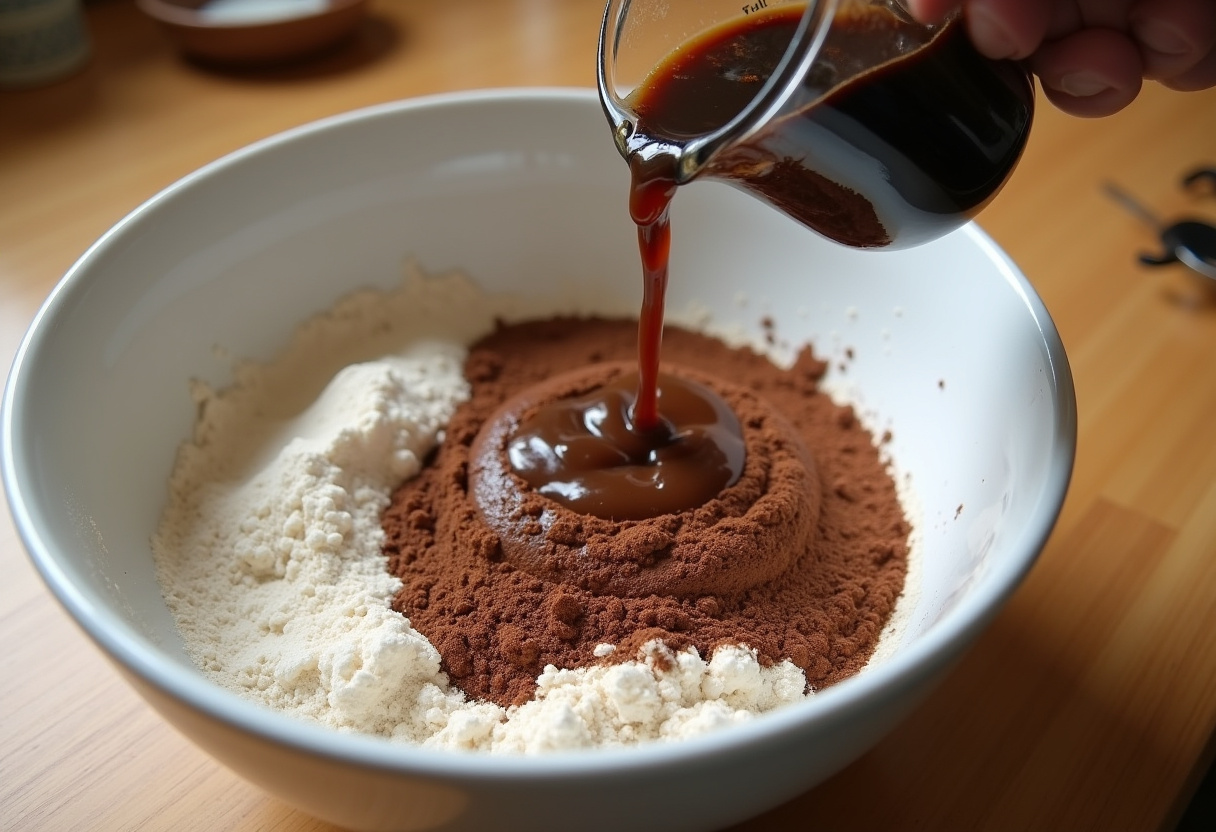 Making Guinness Chocolate Cake with flour, cocoa powder, and Guinness beer for a rich flavor.
