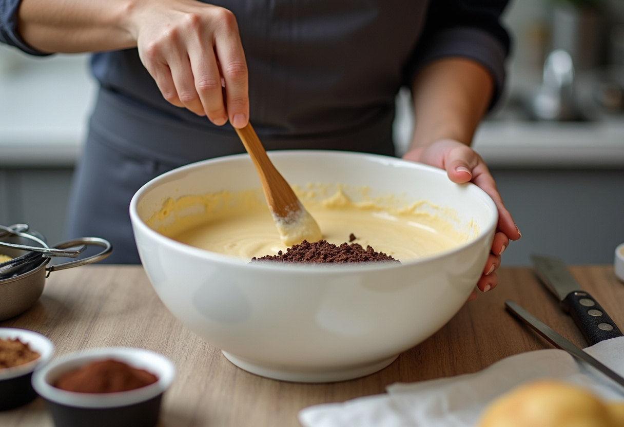 Mixing ingredients to create a decadent batter for Guinness Chocolate Cake with chocolate chunks.