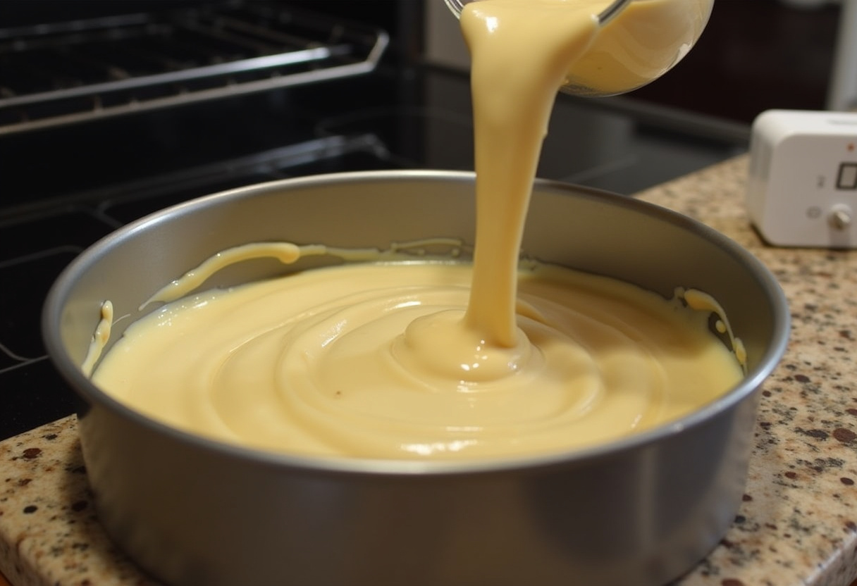 Pouring smooth, rich batter into a cake pan for baking Guinness Chocolate Cake.