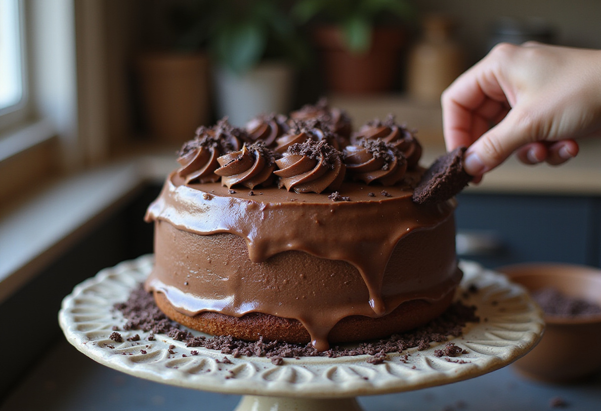 Decorating a Guinness Chocolate Cake with chocolate shavings for an indulgent treat.
