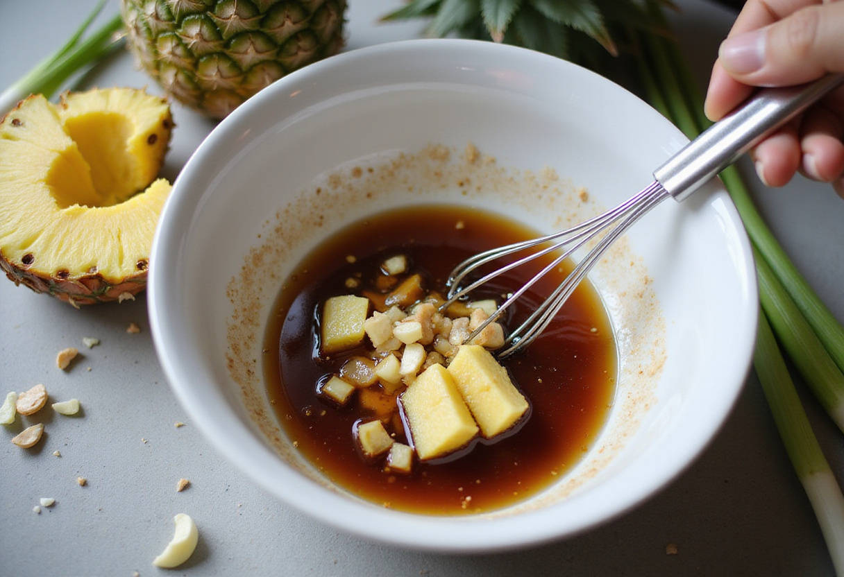 Delicious Hawaiian Shoyu Chicken marinade ingredients like soy sauce, pineapple juice, ginger and garlic mixed together in a bowl, perfect for a flavorful chicken dish.
