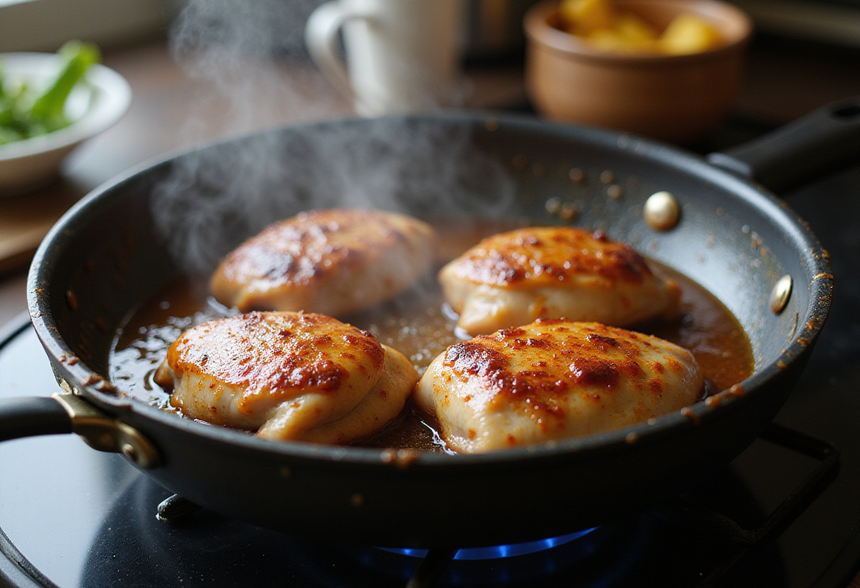 Cooking the marinated chicken thighs for Hawaiian Shoyu Chicken in a pot, capturing the sizzling sounds and enticing aromas that fill the kitchen.