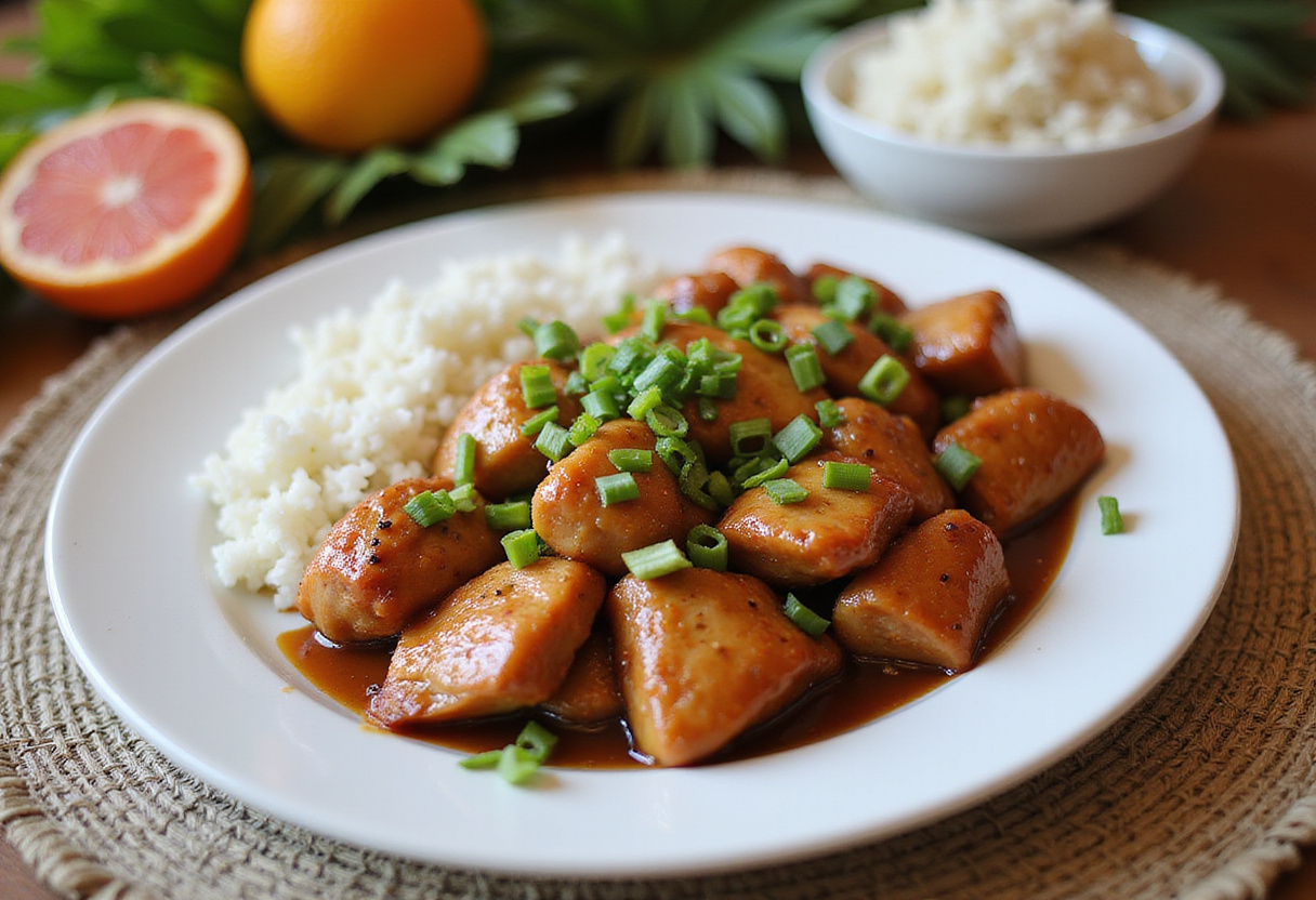 Serving delicious Hawaiian Shoyu Chicken with rice and green onion garnish on a stylish table, perfect for a tropical-inspired meal.
