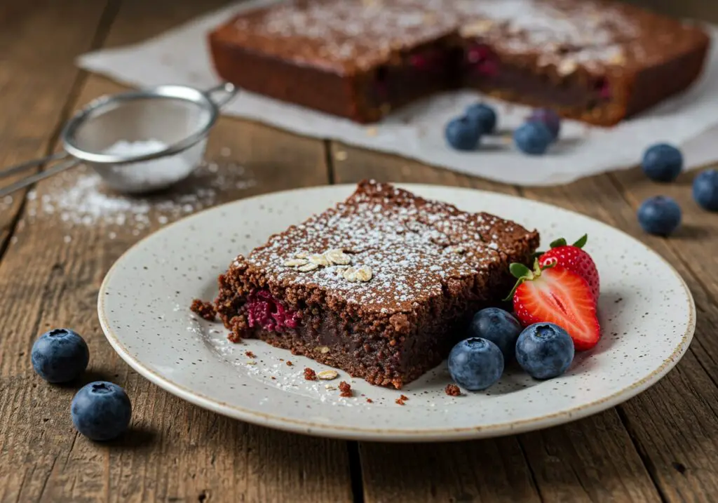 Slice of Healthy Baked Oatmeal Brownie plated with fresh berries and powdered sugar, showcasing a delicious healthy dessert perfect for any occasion.