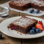 Slice of Healthy Baked Oatmeal Brownie plated with fresh berries and powdered sugar, showcasing a delicious healthy dessert perfect for any occasion.