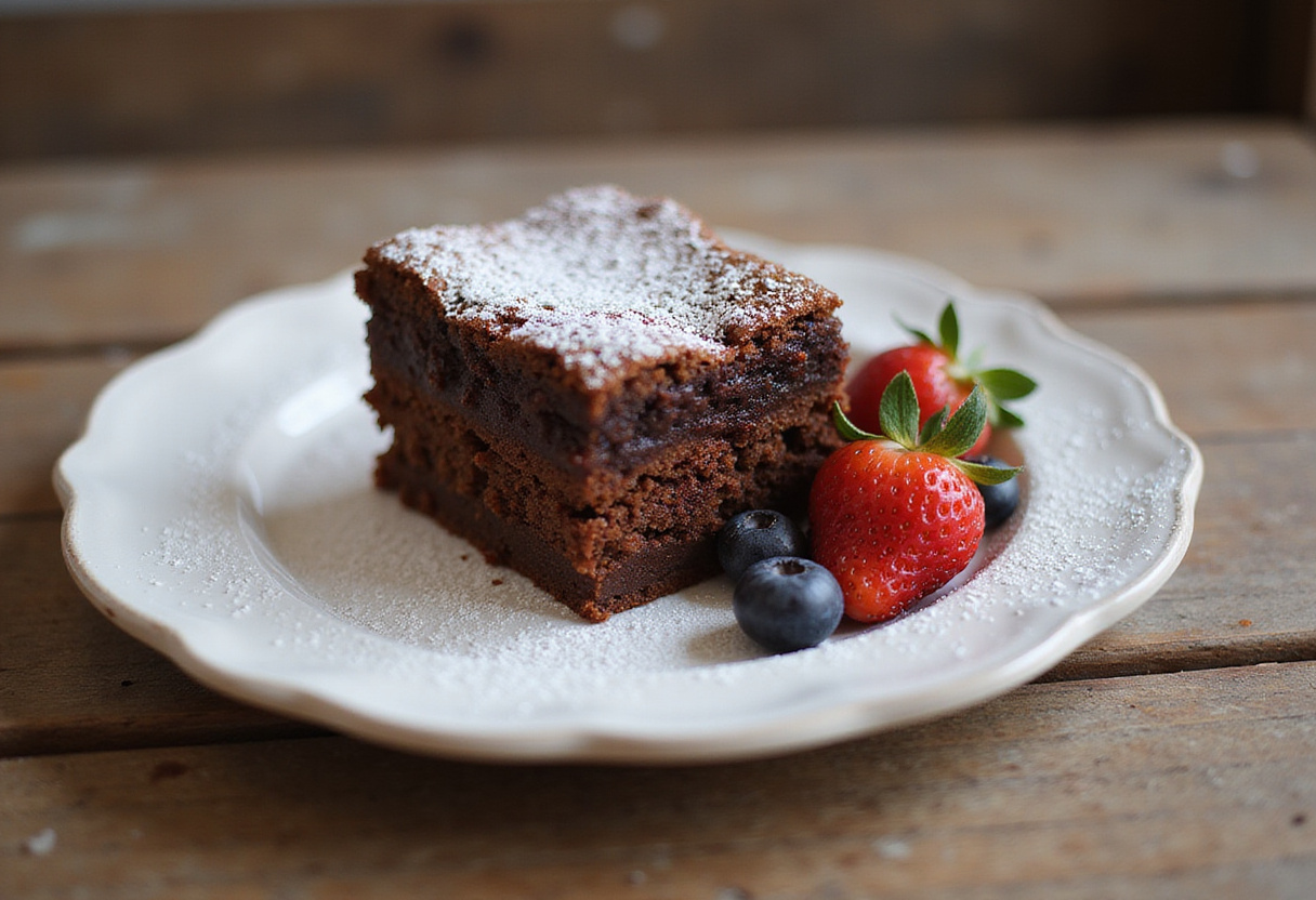 Slice of Healthy Baked Oatmeal Brownie plated with fresh berries and powdered sugar, showcasing a delicious healthy dessert perfect for any occasion.