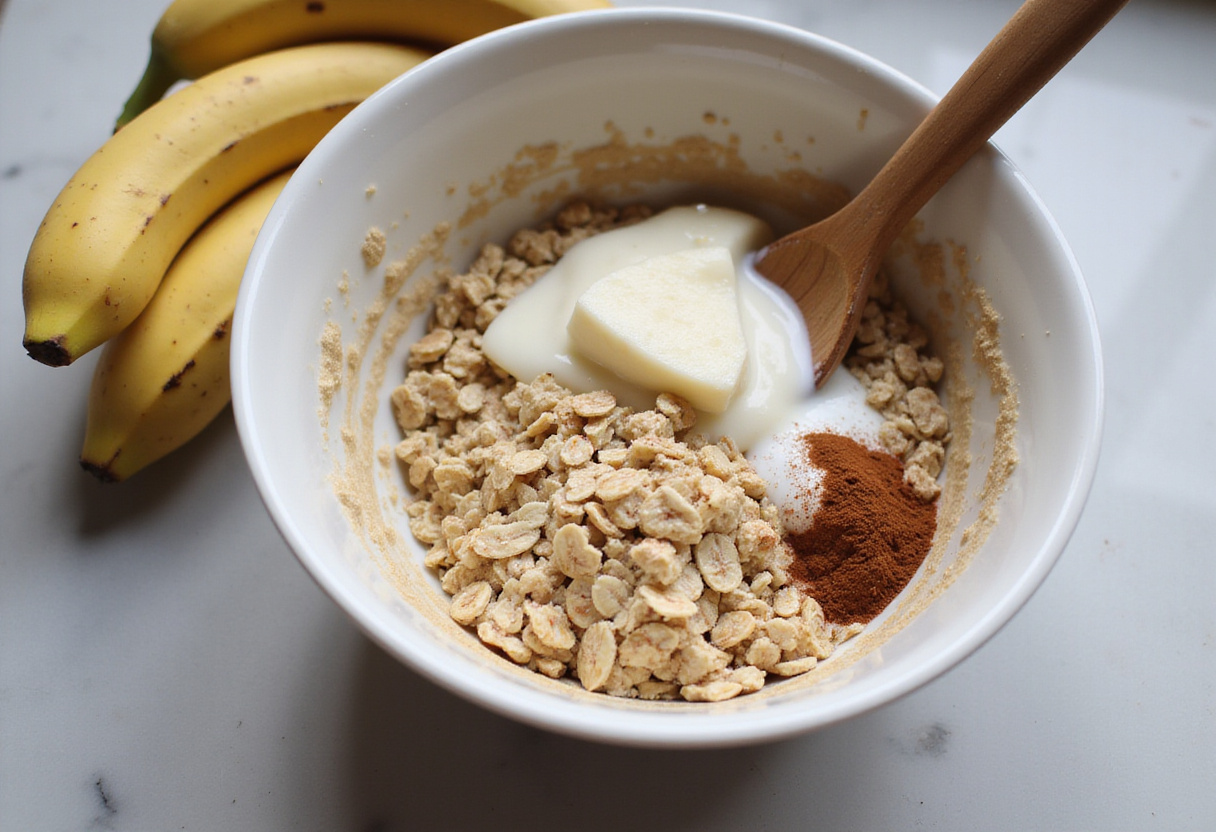 Healthy Baked Oatmeal Brownies ingredients mixing, including rolled oats, almond milk, and mashed bananas for nutritious brownies.