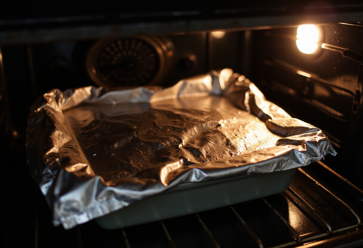 Baking process of Healthy Baked Oatmeal Brownies inside an oven, covered with foil, as it carefully bakes to perfection.