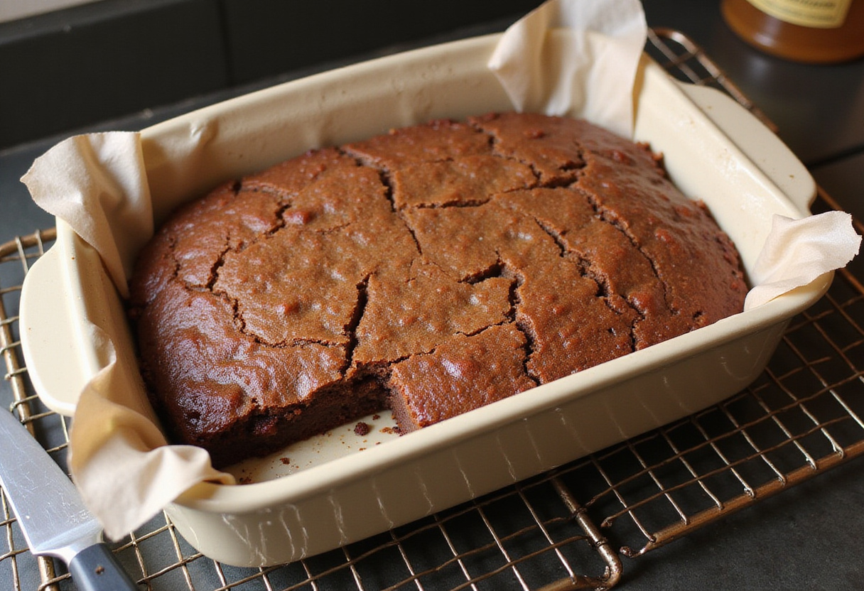 Cooling baked oatmeal brownies on a wire rack, showing the golden-brown texture and moist interior, just out of the oven.