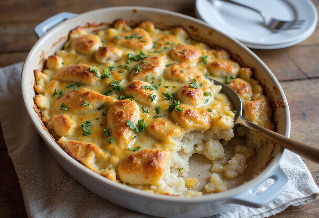 Delicious and healthy Chicken Cauliflower Rice Casserole served on a rustic table, perfect for a wholesome family meal.