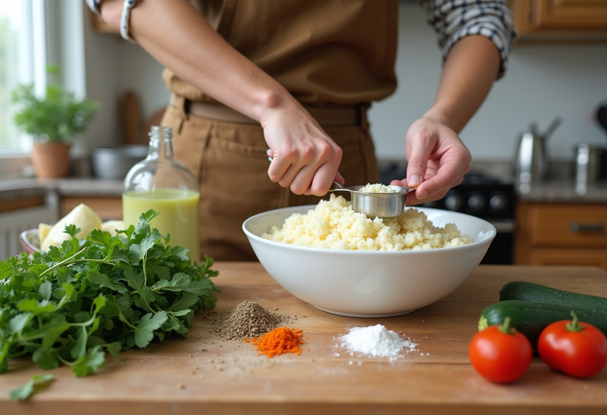Healthy Chicken Cauliflower Rice Casserole preparation with fresh cauliflower rice and colorful vegetables in a bright kitchen.