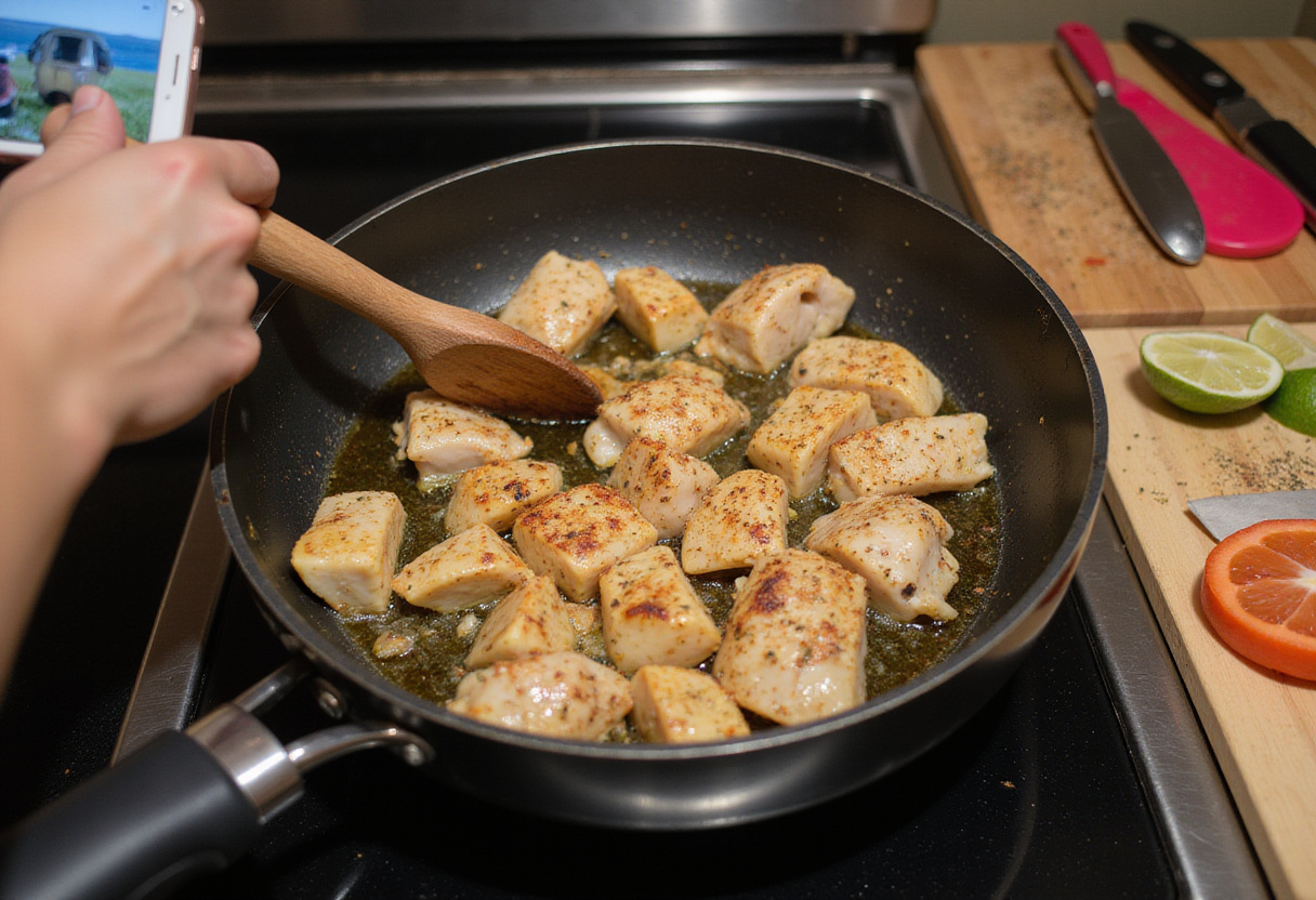 Cooked seasoned chicken for Healthy Chicken Cauliflower Rice Casserole in a skillet, surrounded by ingredients for healthy living.