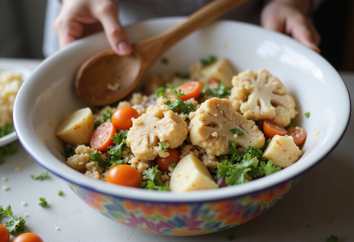 Combining ingredients for Healthy Chicken Cauliflower Rice Casserole in a mixing bowl, illustrating a nutritious meal prep.