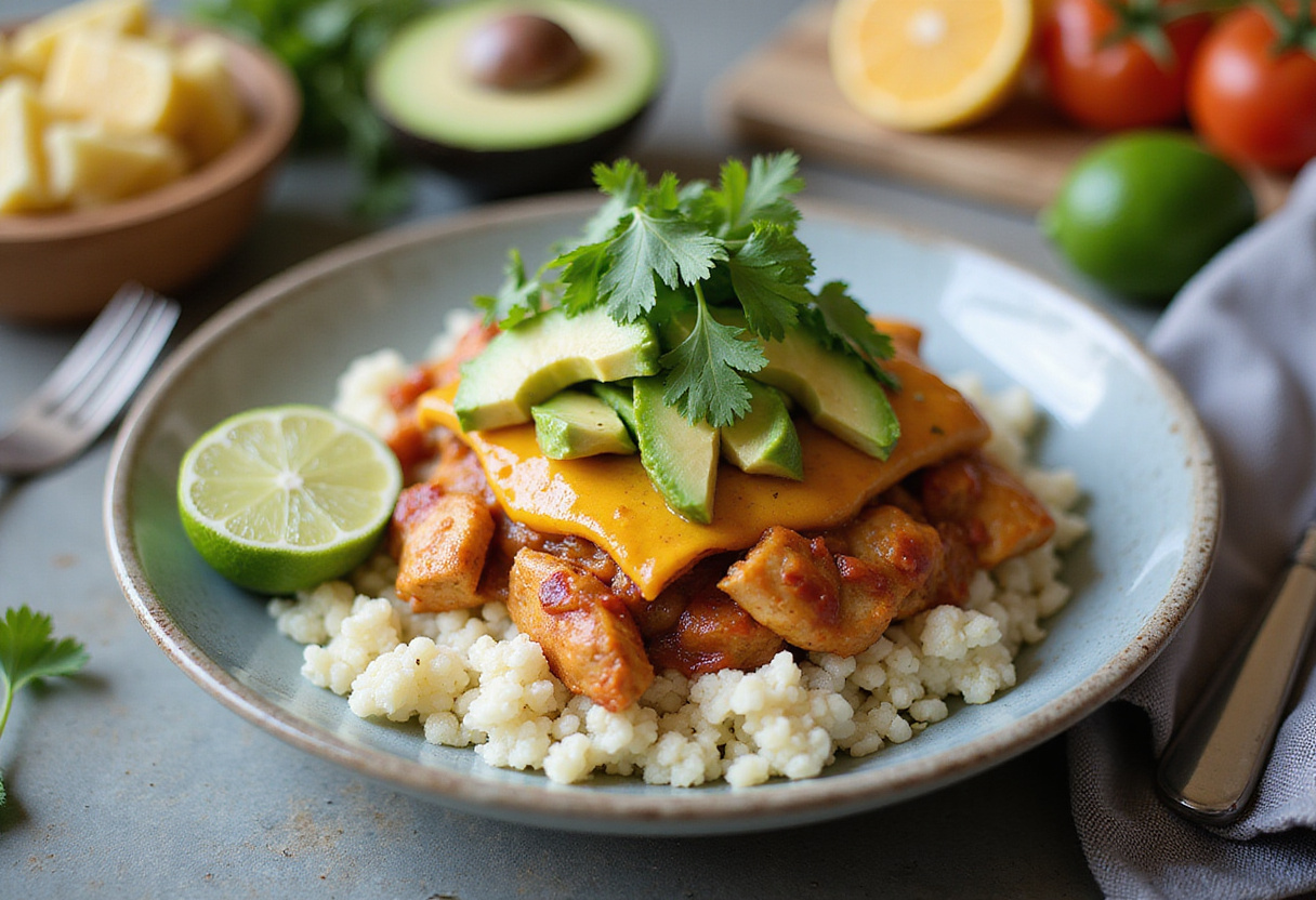Final presentation of Healthy Chicken Enchilada Bowls with colorful garnishes and fresh ingredients.