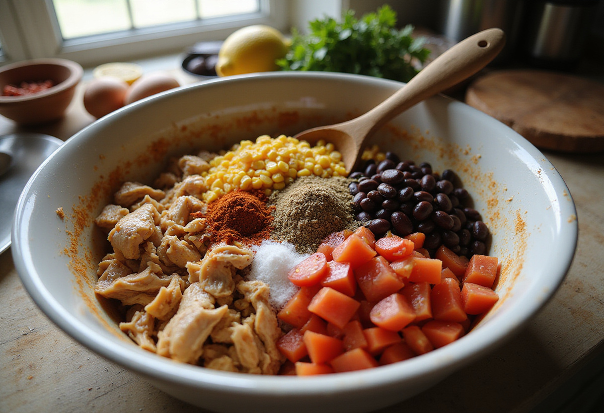 Healthy Chicken Enchilada Bowl preparation with shredded chicken, tomatoes, beans, and corn in a sunny kitchen.