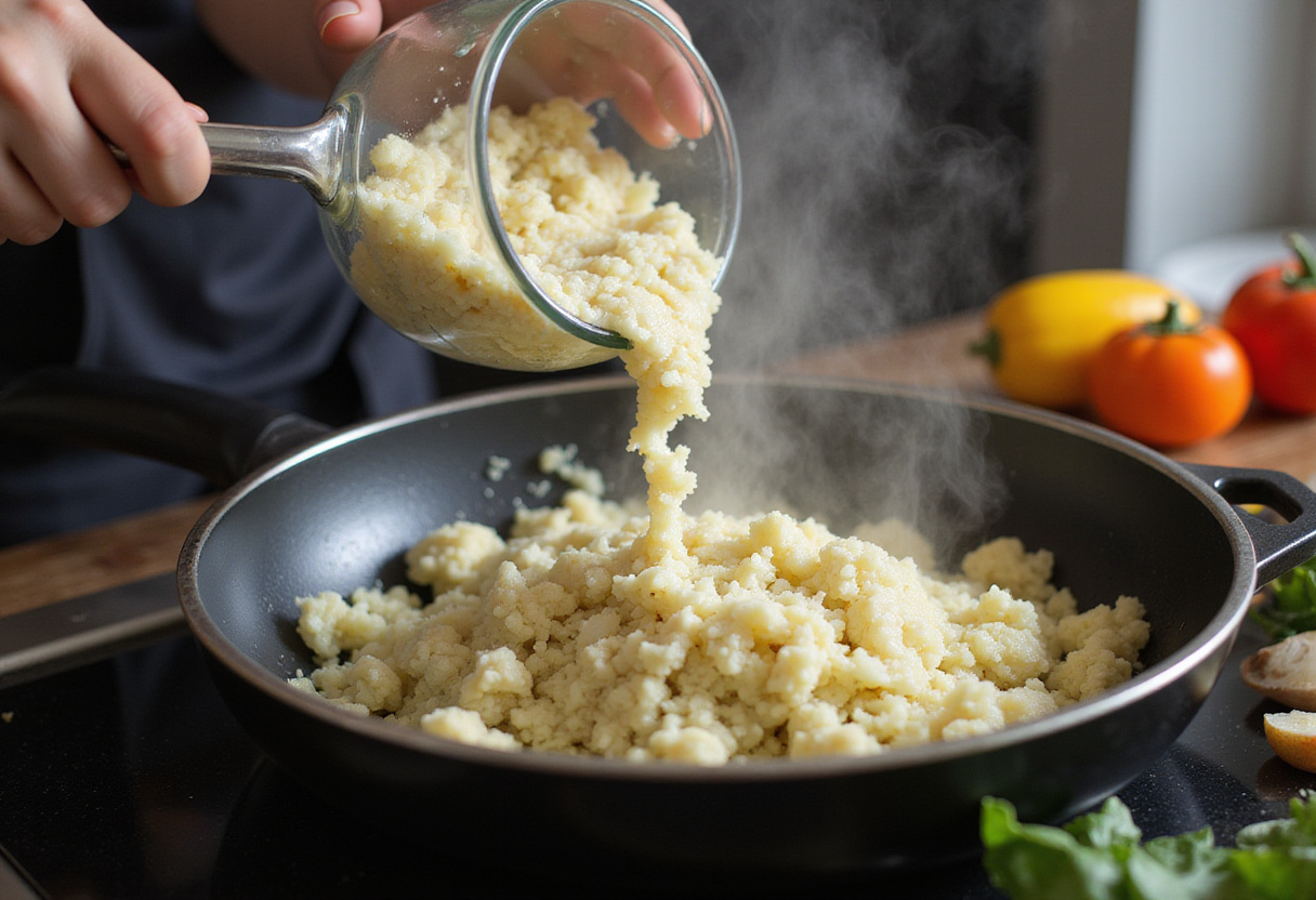 Cooking cauliflower rice with onions and garlic in a skillet for Healthy Chicken Enchilada Bowls.