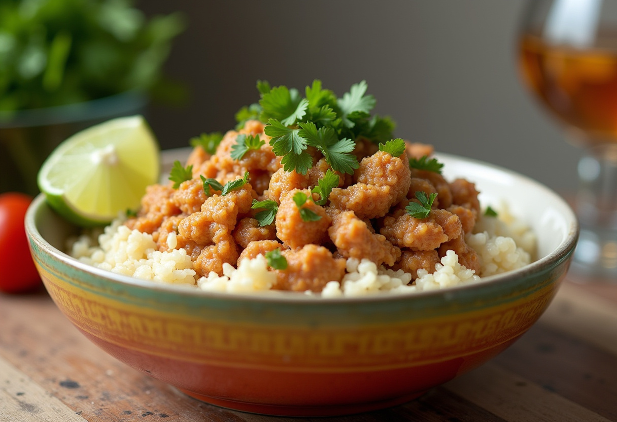 Assembly of Healthy Chicken Enchilada Bowls with layers of cauliflower rice and seasoned chicken mixture.