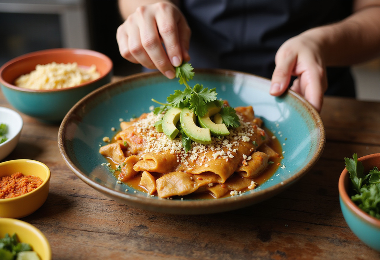 Garnishing Healthy Chicken Enchilada Bowls with avocado and cheese for a delicious presentation.