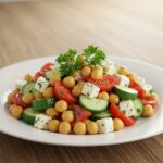 Final presentation of Healthy Chickpea Cucumber Salad featuring colorful ingredients, perfect for a nutritious dietitian-approved dish.